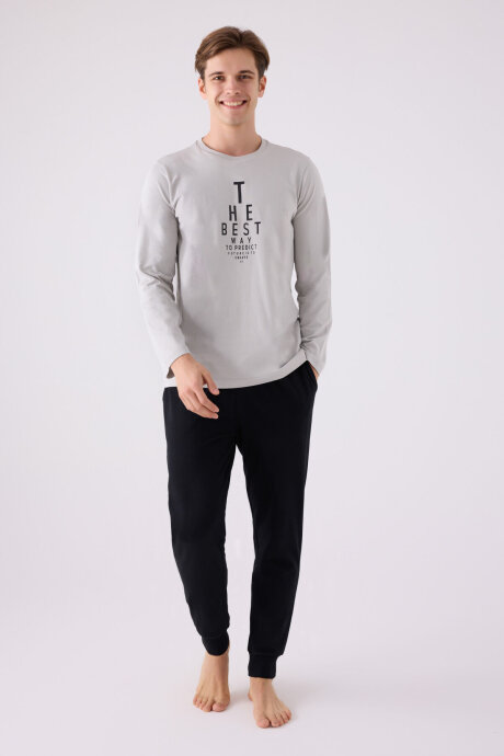 Arnetta Erkek Pamuklu Bisiklet Yaka Pigment Baskılı Kışlık Regular Fit Gri Pijama Takımı AR3142-S-V2