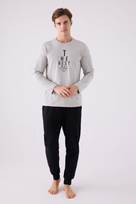 Arnetta Erkek Pamuklu Bisiklet Yaka Pigment Baskılı Kışlık Regular Fit Gri Pijama Takımı AR3142-S-V2 - 3