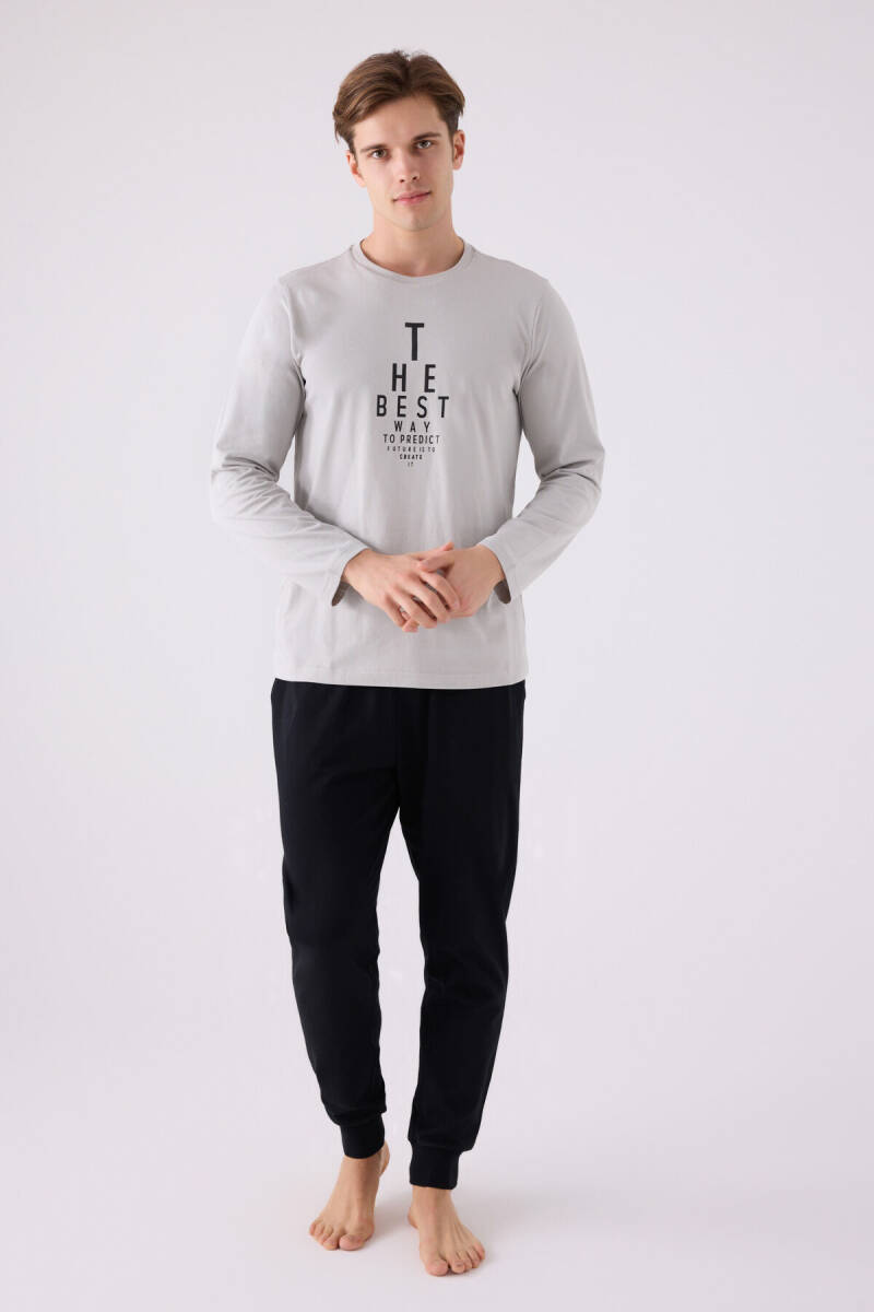 Arnetta Erkek Pamuklu Bisiklet Yaka Pigment Baskılı Kışlık Regular Fit Gri Pijama Takımı AR3142-S-V2 - 3