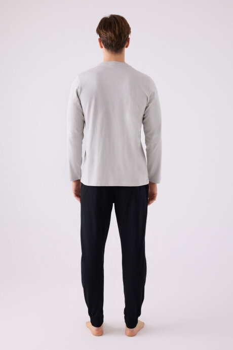 Arnetta Erkek Pamuklu Bisiklet Yaka Pigment Baskılı Kışlık Regular Fit Gri Pijama Takımı AR3142-S-V2 - 5