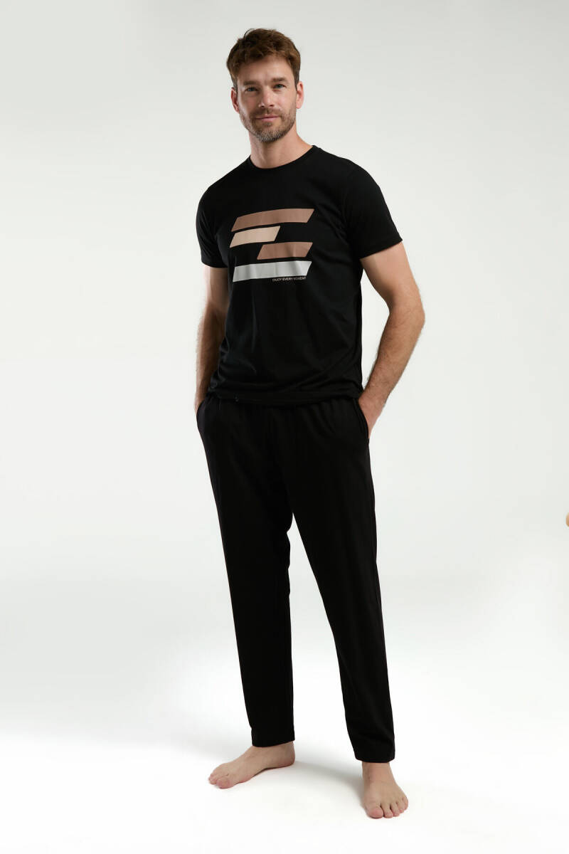 Arnetta Erkek Pamuklu Bisiklet Yaka Pigment Baskılı Yazlık Regular Fit Siyah Pijama Takımı AR3336-S-V2 - 3