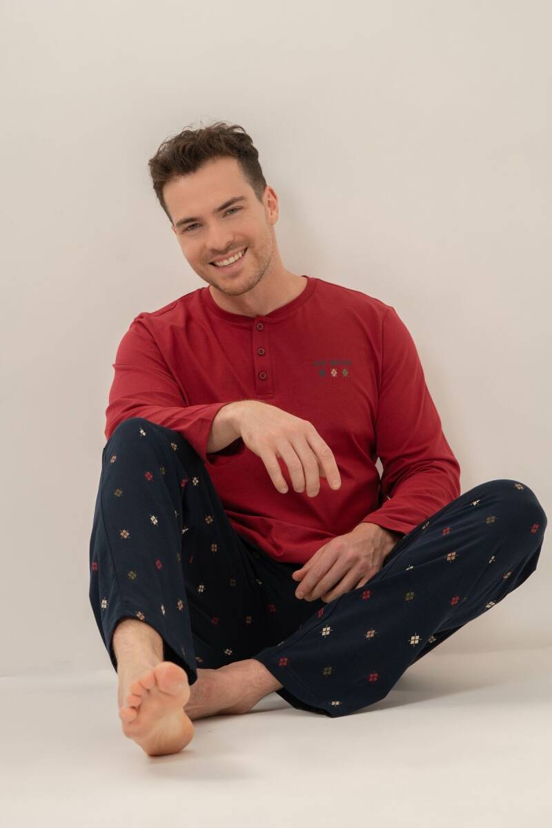 Arnetta Erkek %100 Pamuk Just Breathe Bordo Uzun Kol Pijama Takım AR3853-S-V2 - 1