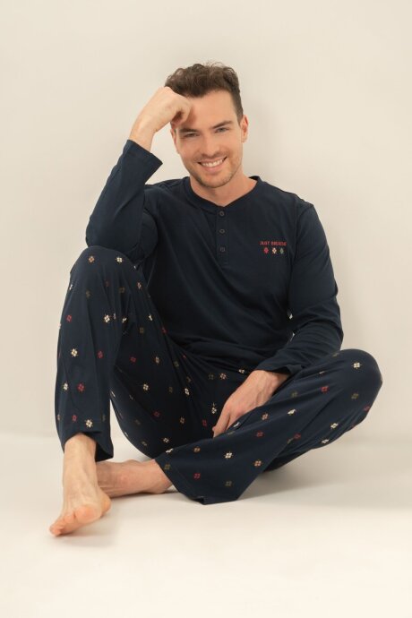 Arnetta Erkek %100 Pamuk Just Breathe Lacivert Uzun Kol Pijama Takım AR3853-S-V1