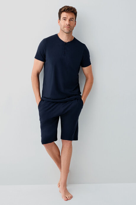 Arnetta Erkek %100 Pamuk Düğmeli Yaka Baskısız Yazlık Regular Fit Lacivert Pijama Takımı AR3691-S-V1 - 3
