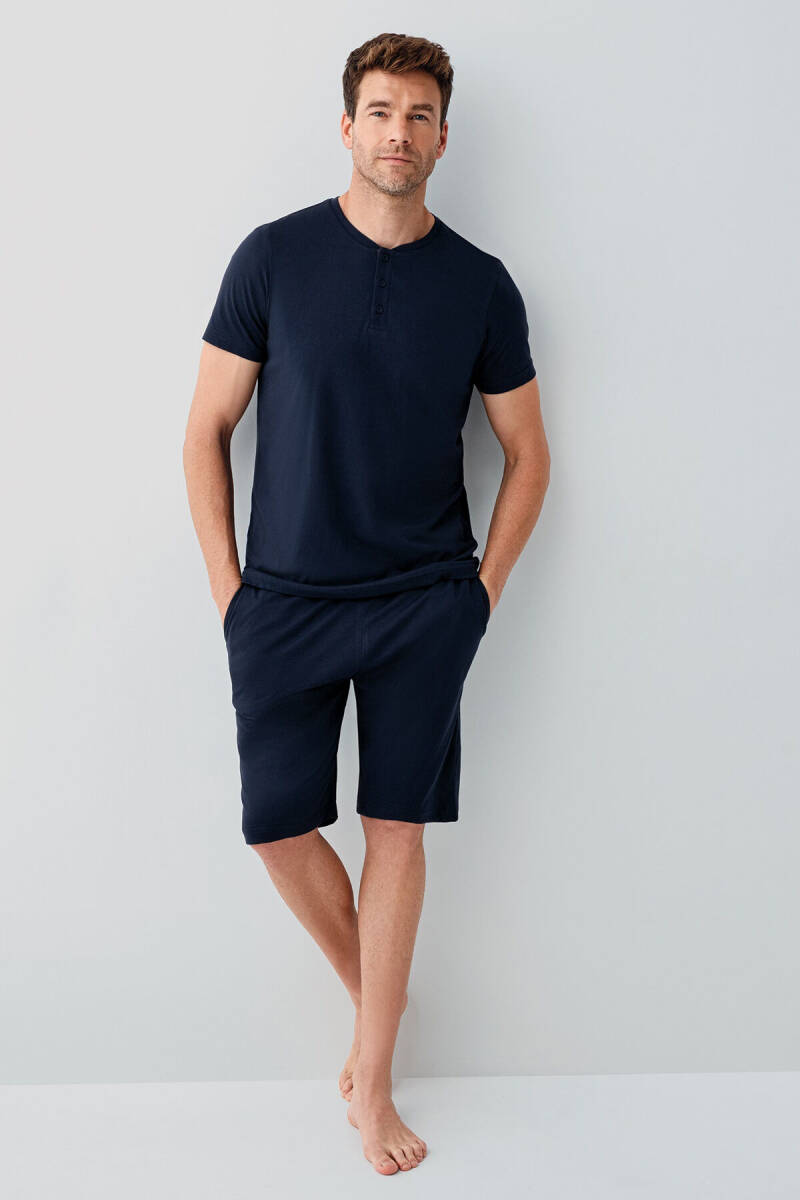 Arnetta Erkek %100 Pamuk Düğmeli Yaka Baskısız Yazlık Regular Fit Lacivert Pijama Takımı AR3691-S-V1 - 3