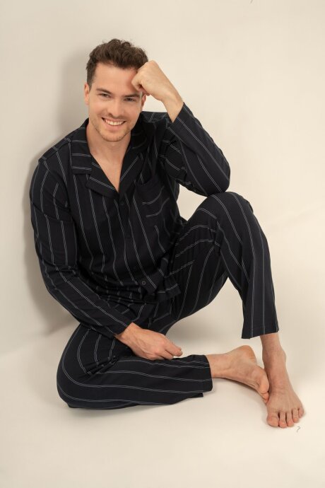Arnetta Erkek %100 Pamuk Lacivert Çizgili Gömlek Pijama Takımı AR3830-S-V1