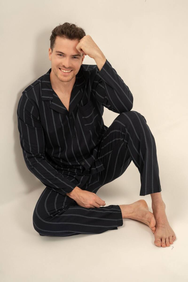 Arnetta Erkek %100 Pamuk Lacivert Çizgili Gömlek Pijama Takımı AR3830-S-V1 - 1