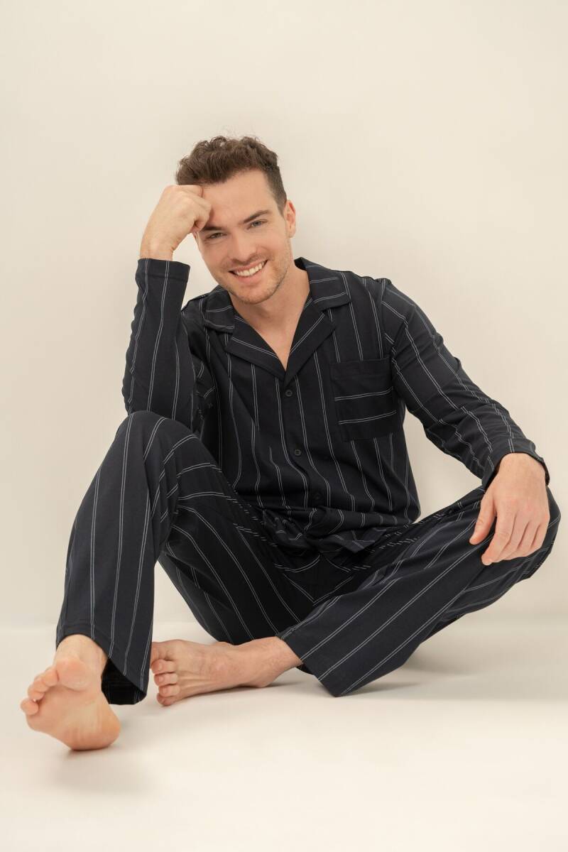 Arnetta Erkek %100 Pamuk Lacivert Çizgili Gömlek Pijama Takımı AR3830-S-V1 - 7
