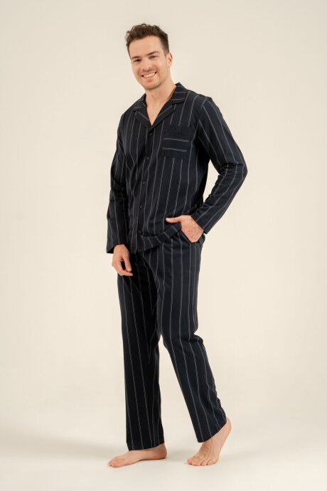 Arnetta Erkek %100 Pamuk Lacivert Çizgili Gömlek Pijama Takımı AR3830-S-V1 - 6