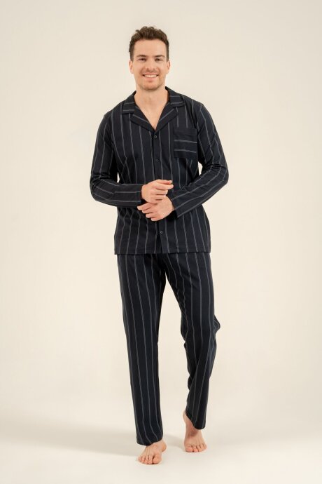 Arnetta Erkek %100 Pamuk Lacivert Çizgili Gömlek Pijama Takımı AR3830-S-V1 - 5