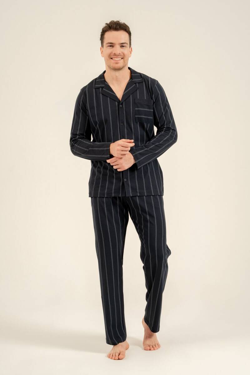 Arnetta Erkek %100 Pamuk Lacivert Çizgili Gömlek Pijama Takımı AR3830-S-V1 - 5