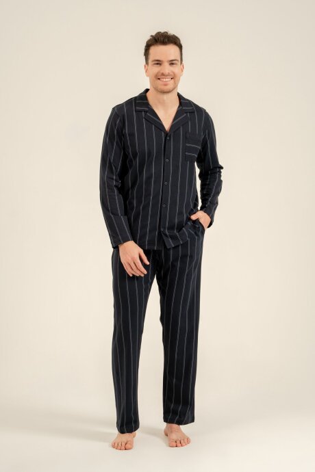 Arnetta Erkek %100 Pamuk Lacivert Çizgili Gömlek Pijama Takımı AR3830-S-V1 (1)