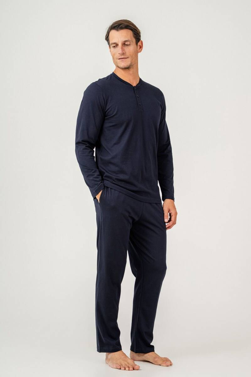 Arnetta Erkek %100 Pamuk Düğmeli Yaka Baskısız Yazlık Regular Fit Lacivert Pijama Takımı AR3694-S-V1 - 2