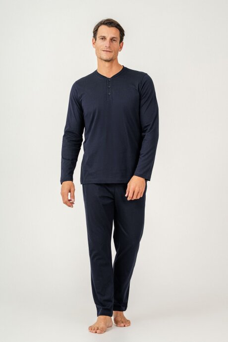 Arnetta Erkek %100 Pamuk Düğmeli Yaka Baskısız Yazlık Regular Fit Lacivert Pijama Takımı AR3694-S-V1 - 3
