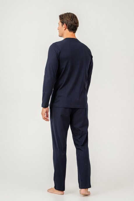 Arnetta Erkek %100 Pamuk Düğmeli Yaka Baskısız Yazlık Regular Fit Lacivert Pijama Takımı AR3694-S-V1 - 4