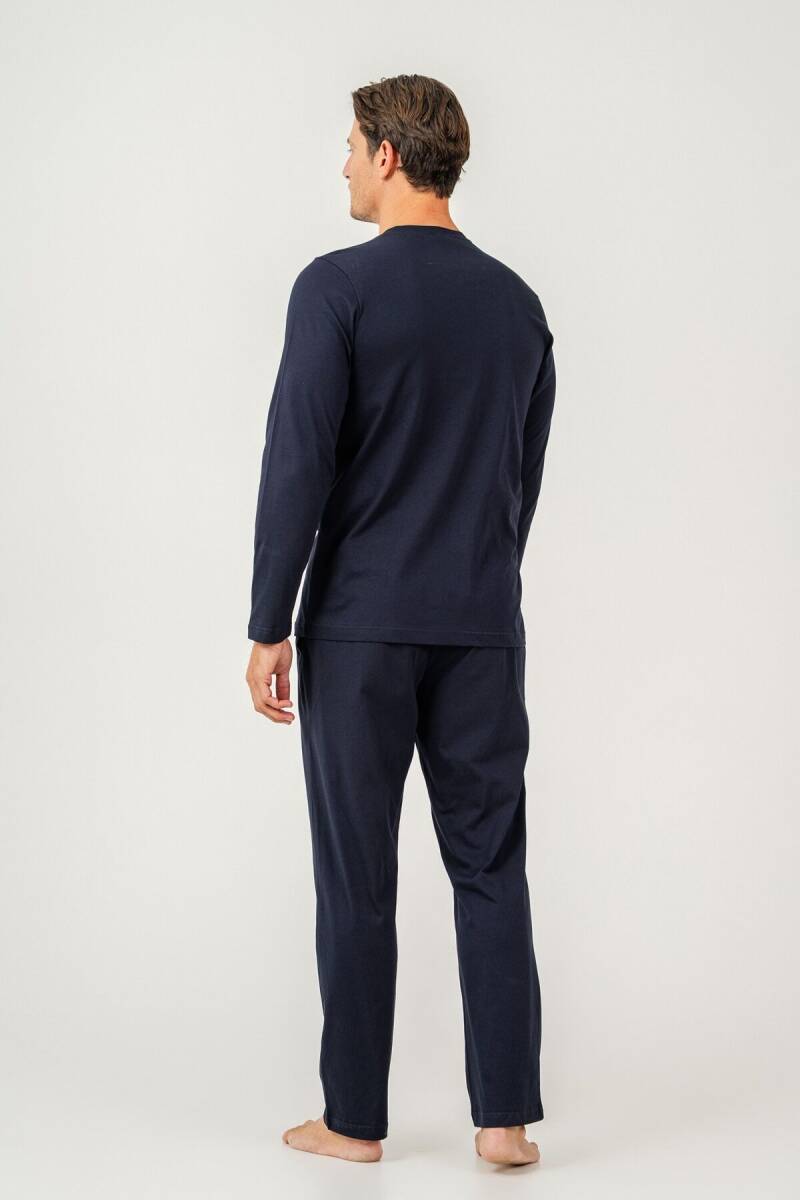 Arnetta Erkek %100 Pamuk Düğmeli Yaka Baskısız Yazlık Regular Fit Lacivert Pijama Takımı AR3694-S-V1 - 4