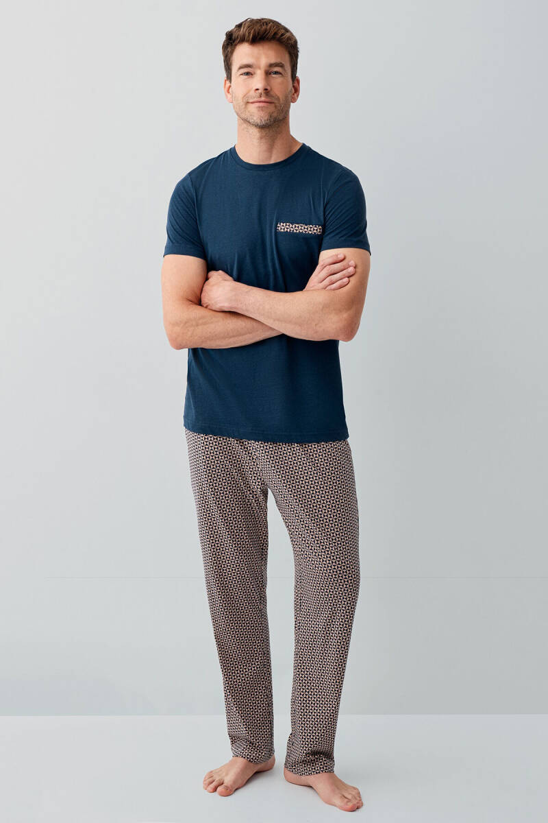 Arnetta Erkek %100 Pamuk Bisiklet Yaka Baskısız Yazlık Regular Fit Lacivert Pijama Takımı AR3682-S-V1 - 2