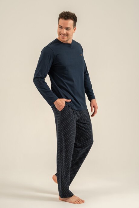 Arnetta Erkek %100 Pamuk Lacivert Nakışlı Uzun Kol Pijama Takım AR3847-S-V1 - 7