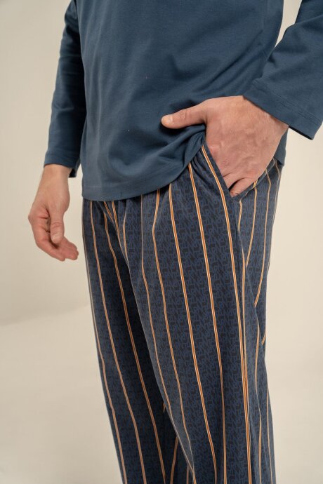 Arnetta Erkek %100 Pamuk Mavi Düğmeli Yaka Uzun Kol Pijama Takım AR3851-S-V1 - 6