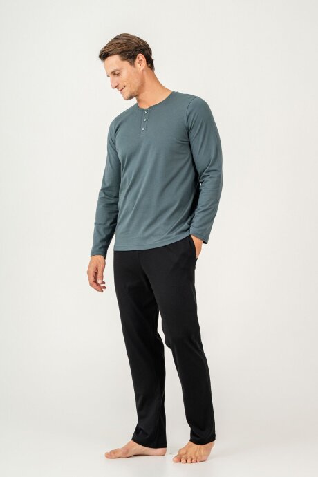 Arnetta Erkek %100 Pamuk Düğmeli Yaka Baskısız Yazlık Regular Fit Mavi Pijama Takımı AR3694-S-V4 - 5