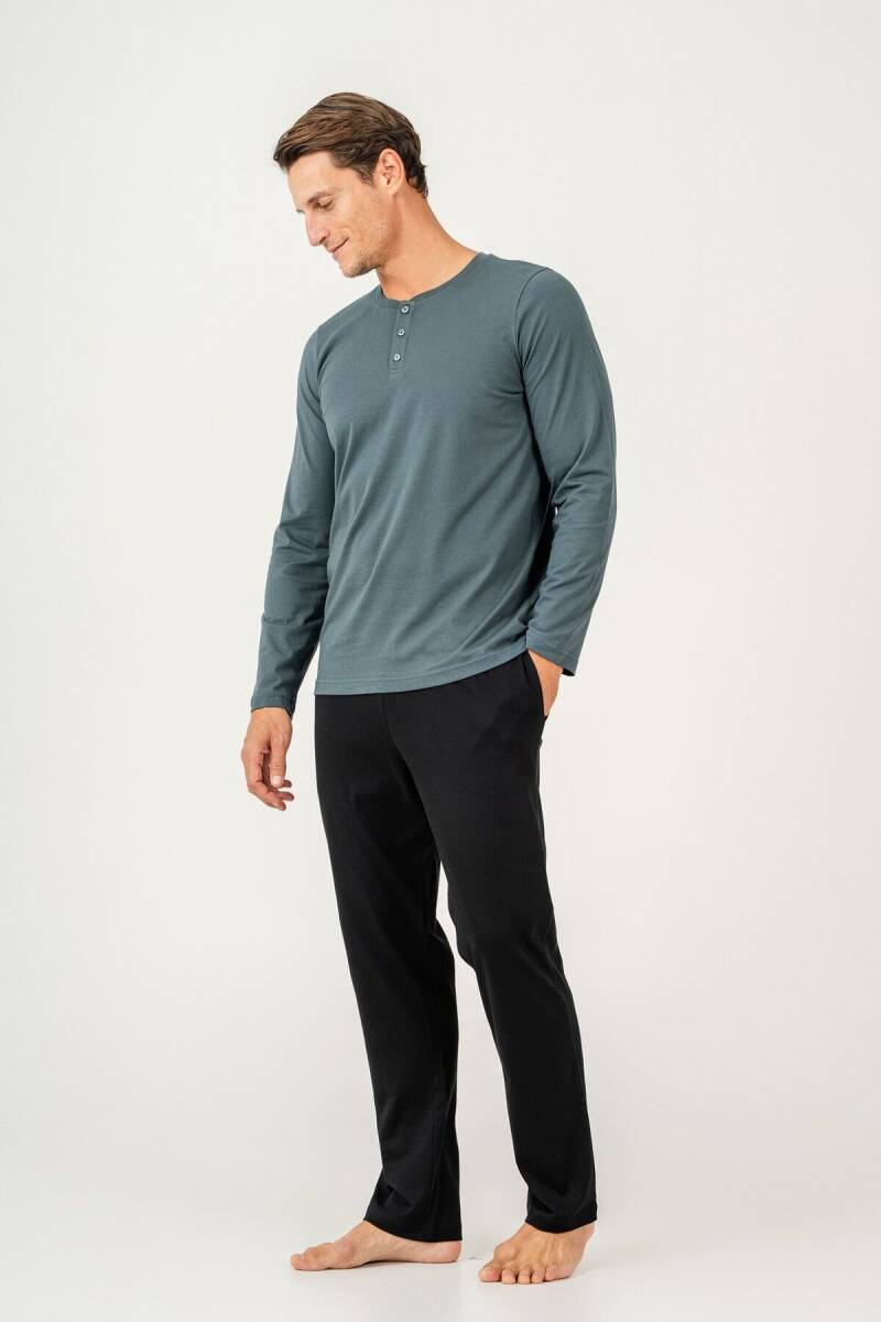Arnetta Erkek %100 Pamuk Düğmeli Yaka Baskısız Yazlık Regular Fit Mavi Pijama Takımı AR3694-S-V4 - 5