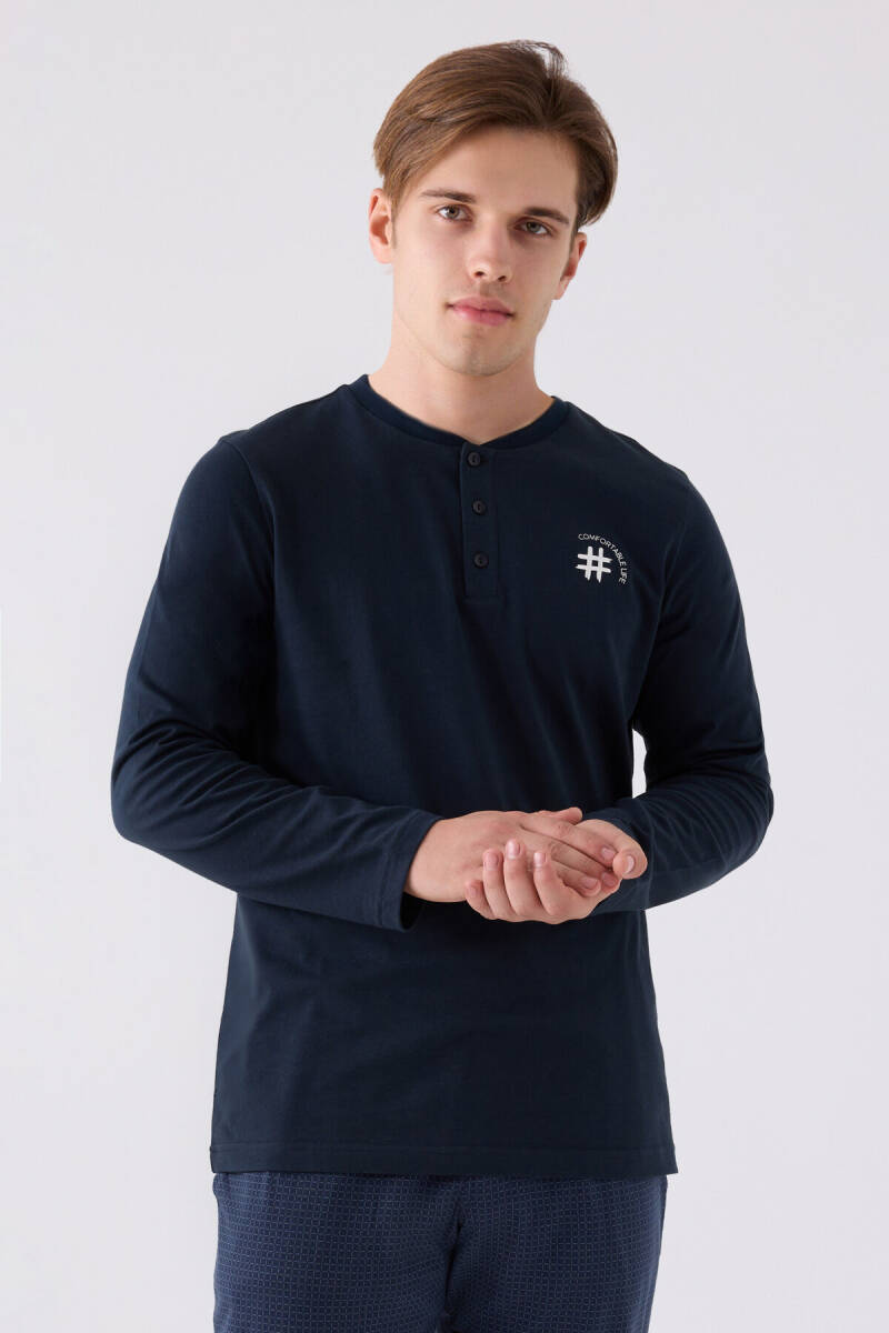 Arnetta Erkek Pamuklu Hakim Yaka Pigment Baskılı Kışlık Regular Fit Lacivert Pijama Takımı AR3166-S-V1 - 2