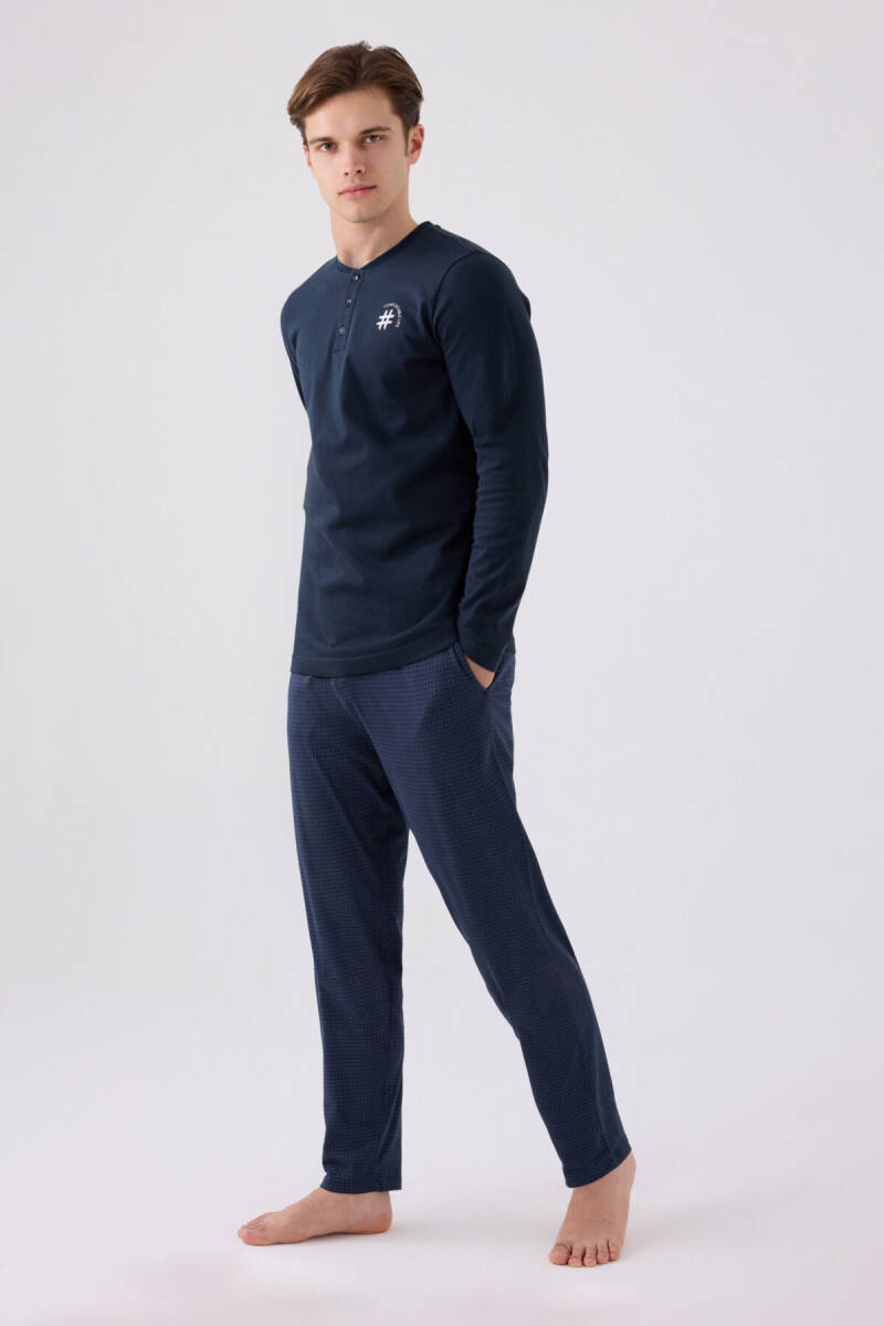 Arnetta Erkek Pamuklu Hakim Yaka Pigment Baskılı Kışlık Regular Fit Lacivert Pijama Takımı AR3166-S-V1 - 3