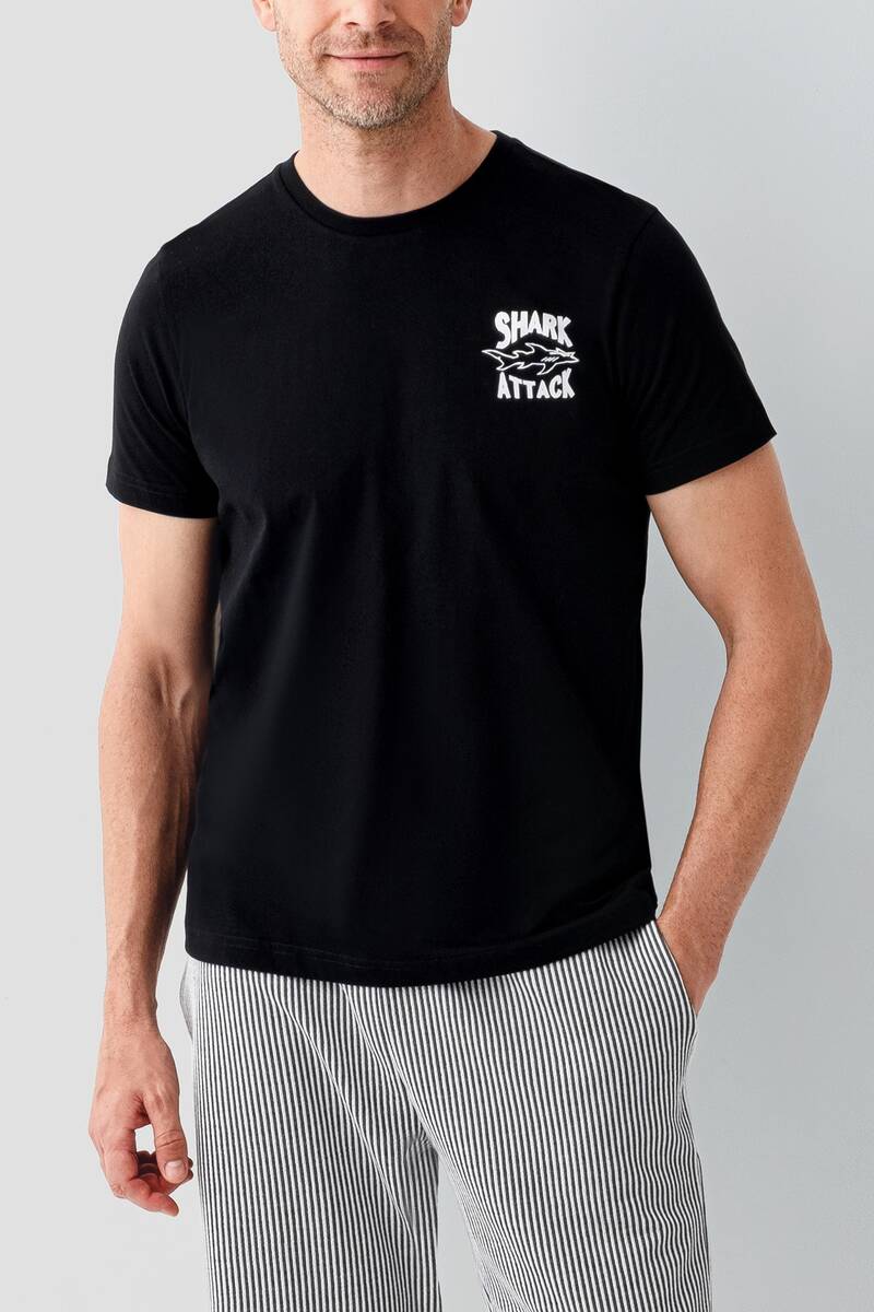 Arnetta Erkek %100 Pamuk Bisiklet Yaka Baskılı Yazlık Regular Fit Siyah Bermuda Takım AR3671-S-V1 - 3