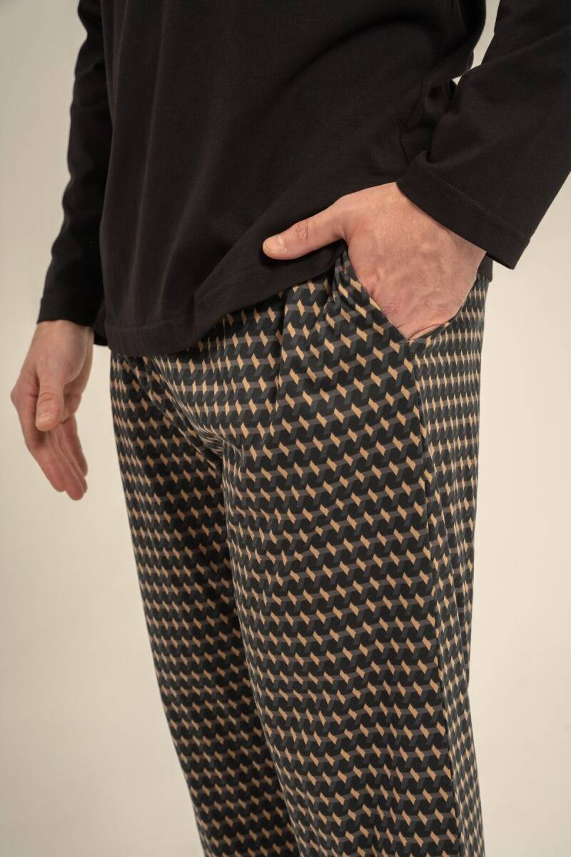 Arnetta Erkek %100 Pamuk Siyah Düğmeli Yaka Uzun Kol Pijama Takım AR3845-S-V1 - 6