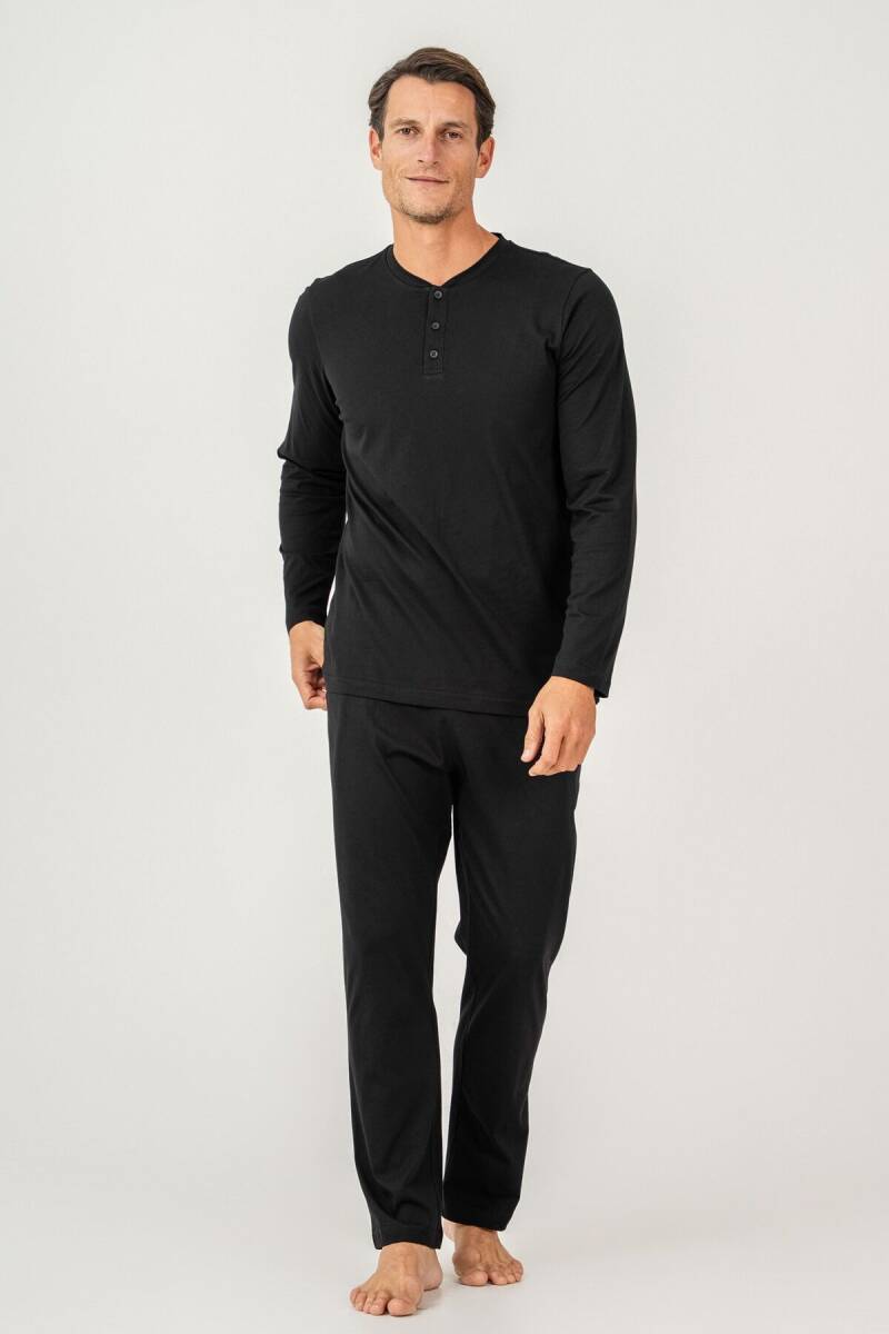 Arnetta Erkek %100 Pamuk Düğmeli Yaka Baskısız Yazlık Regular Fit Siyah Pijama Takımı AR3694-S-V2 - 2