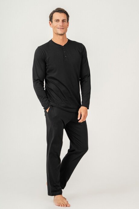 Arnetta Erkek %100 Pamuk Düğmeli Yaka Baskısız Yazlık Regular Fit Siyah Pijama Takımı AR3694-S-V2 - 5
