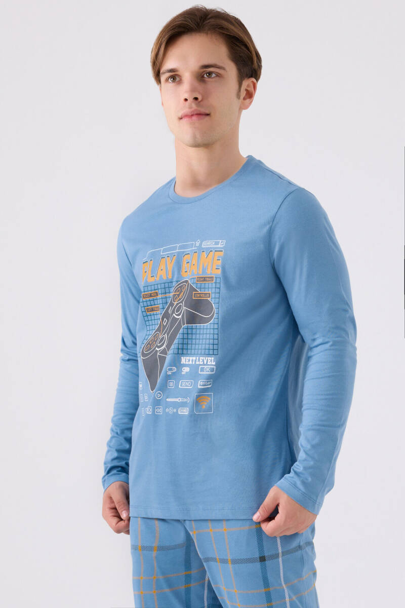 Arnetta Erkek Pamuklu Bisiklet Yaka Baskılı Kışlık Regular Fit Mavi Pijama Takımı AR3169-S-V1 - 2