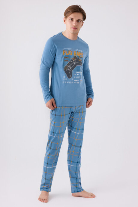 Arnetta Erkek Pamuklu Bisiklet Yaka Baskılı Kışlık Regular Fit Mavi Pijama Takımı AR3169-S-V1 - 3