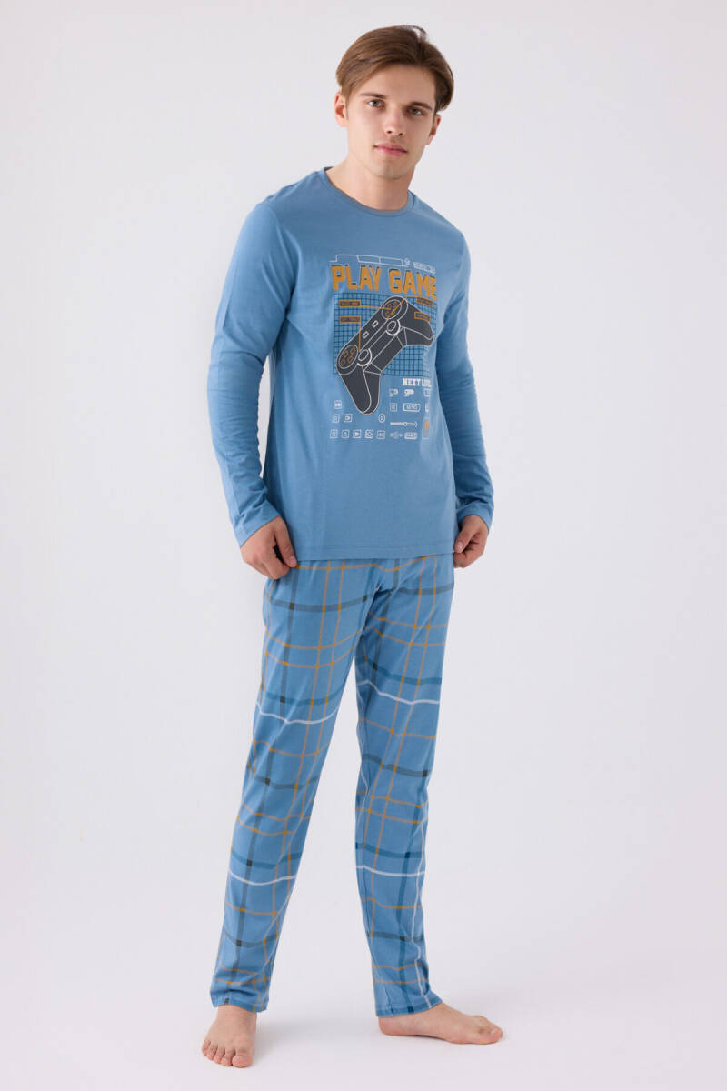 Arnetta Erkek Pamuklu Bisiklet Yaka Baskılı Kışlık Regular Fit Mavi Pijama Takımı AR3169-S-V1 - 3
