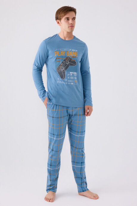Arnetta Erkek Pamuklu Bisiklet Yaka Baskılı Kışlık Regular Fit Mavi Pijama Takımı AR3169-S-V1