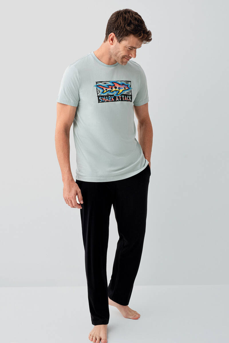 Arnetta Erkek %100 Pamuk Bisiklet Yaka Baskılı Yazlık Regular Fit Yeşil Pijama Takımı AR3701-S-V2 - 2