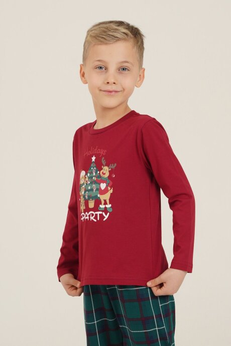 Arnetta Holiday Party Erkek %100 Pamuk Baba Oğul Bordo Uzun Kol Pijama Takım AR3822-A-V1 - 4