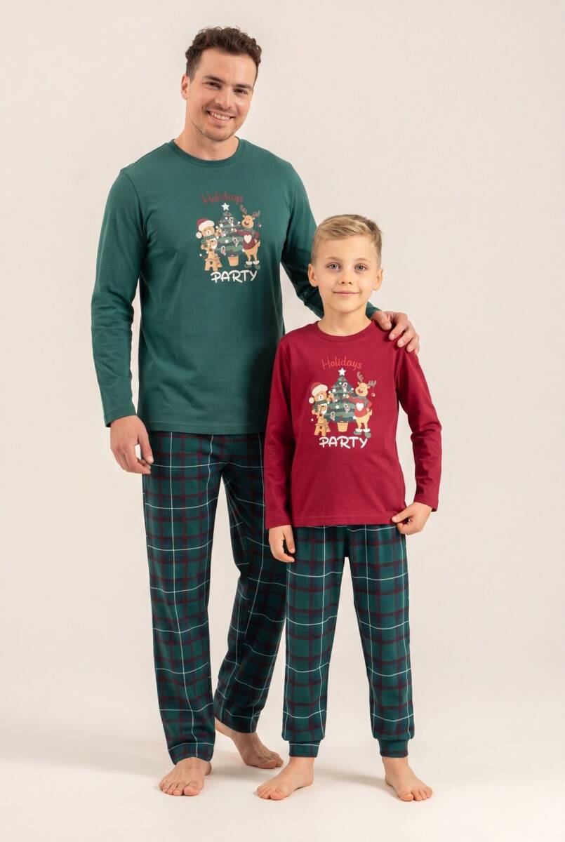 Arnetta Holiday Party Erkek %100 Pamuk Baba Oğul Bordo Uzun Kol Pijama Takım AR3822-A-V1 - 1