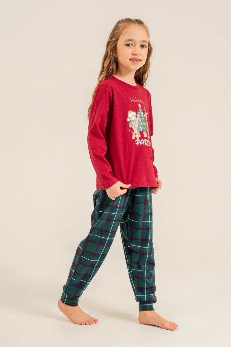 Arnetta Holidays Party Anne Kız %100 Pamuk Bordo Uzun Kol Pijama Takım AR3732-A-V1 - 2