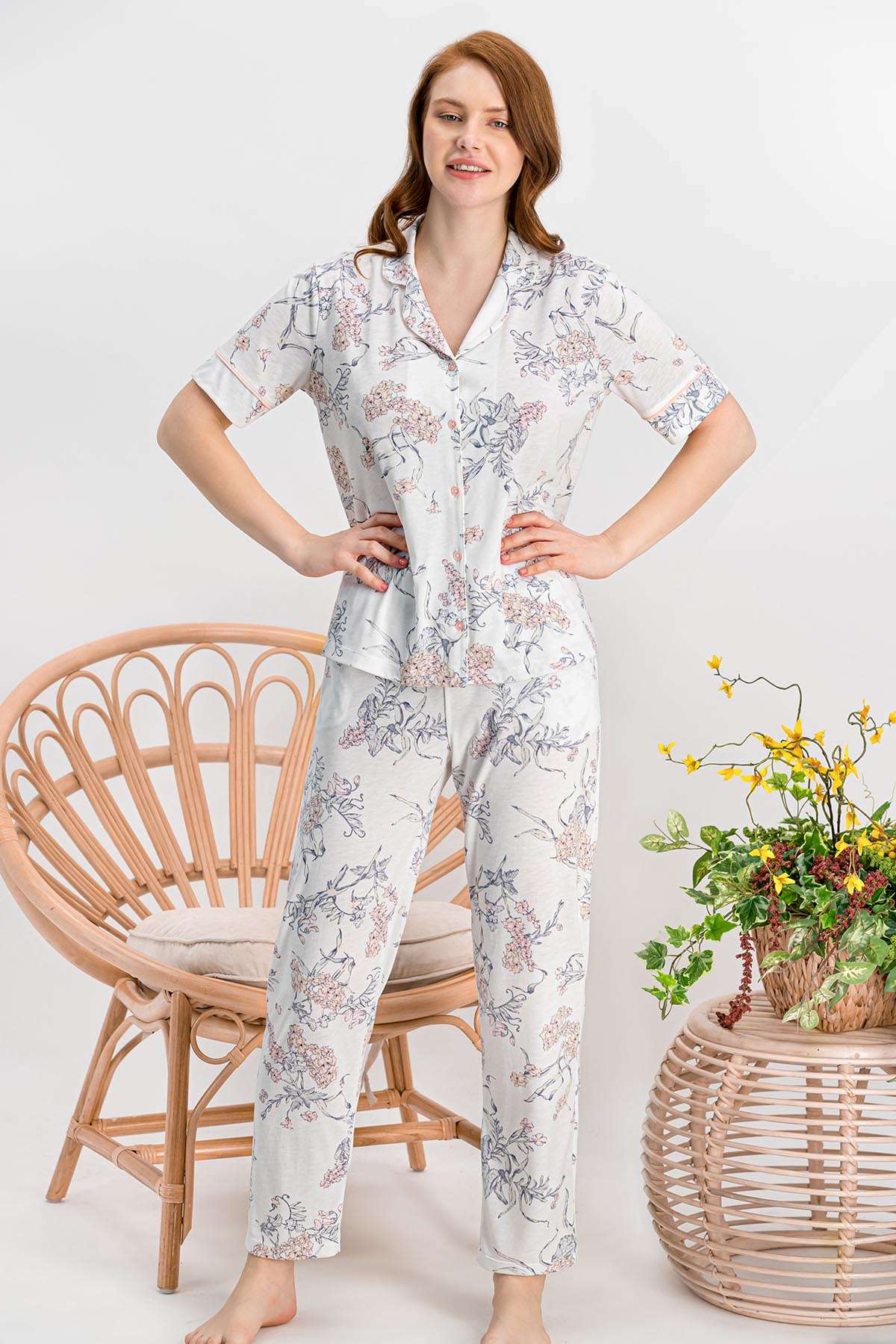 Arnetta - Arnetta Hyacinth Krem Düğmeli Kadın Gömlek Pijama Takımı