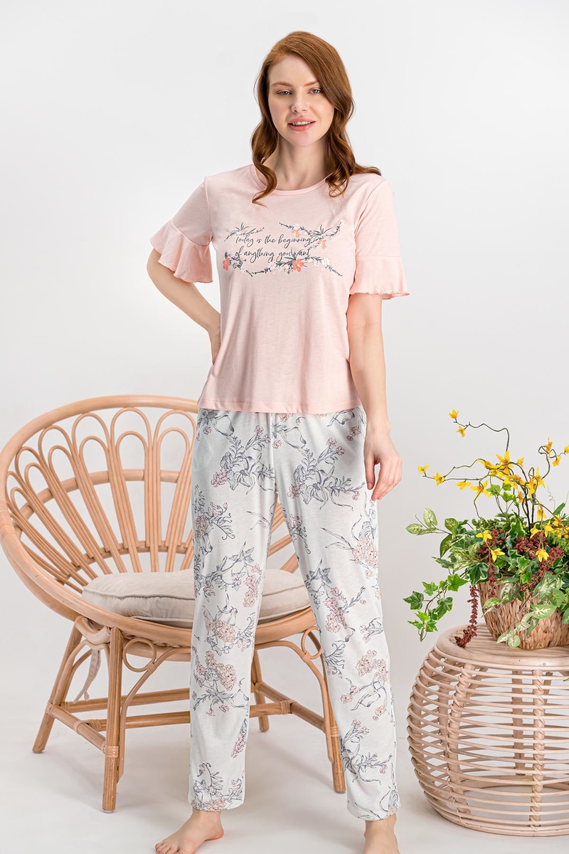 Arnetta - Arnetta Hyacinth Somon Fırfırlı Kısa Kollu Kadın Pijama Takımı