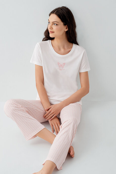 Arnetta Kadın Bisiklet Yaka Baskısız Yazlık Regular Fit Beyaz Pijama Takımı AR3593-S-V2