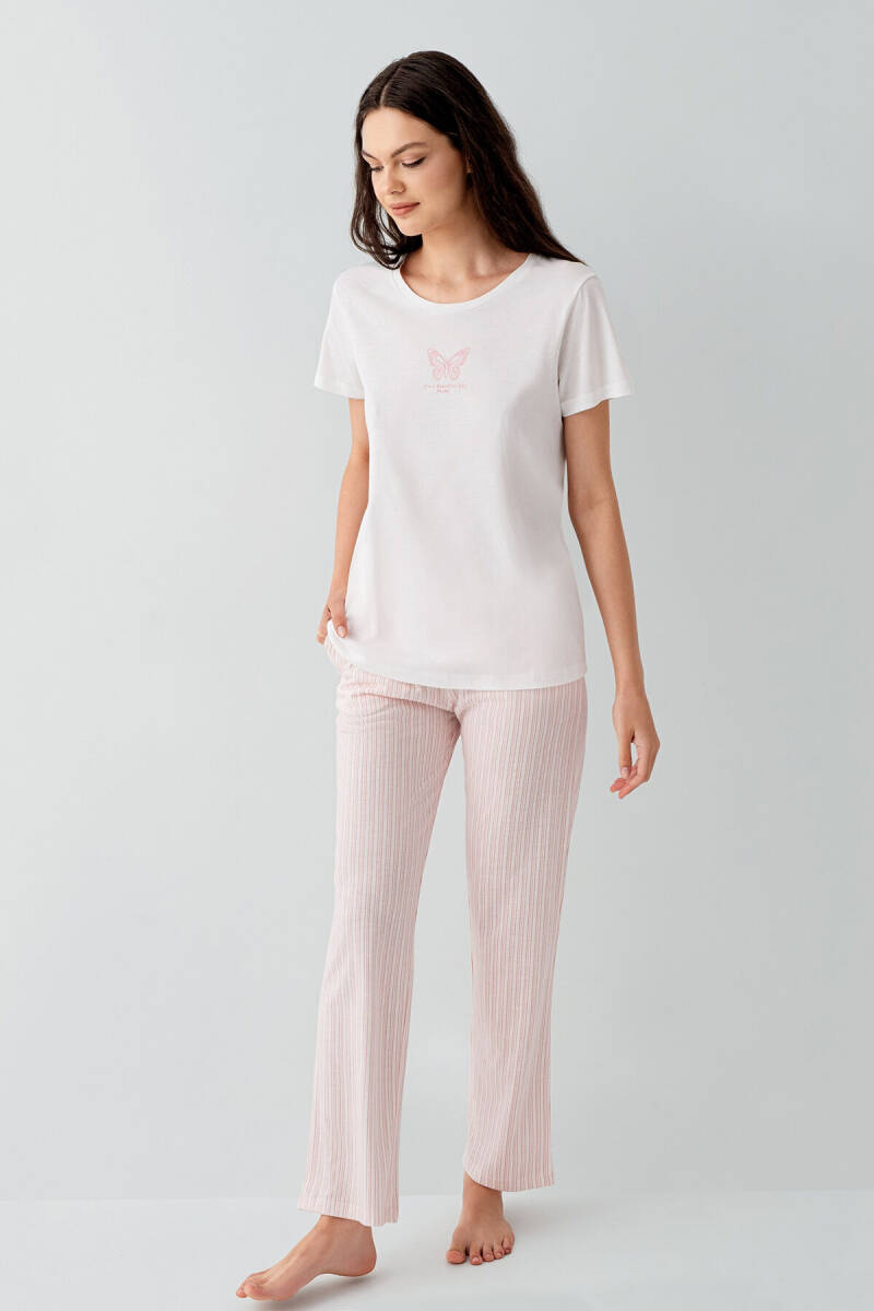 Arnetta Kadın Pamuklu Bisiklet Yaka Baskısız Yazlık Regular Fit Beyaz Pijama Takımı AR3593-S-V2 - 2