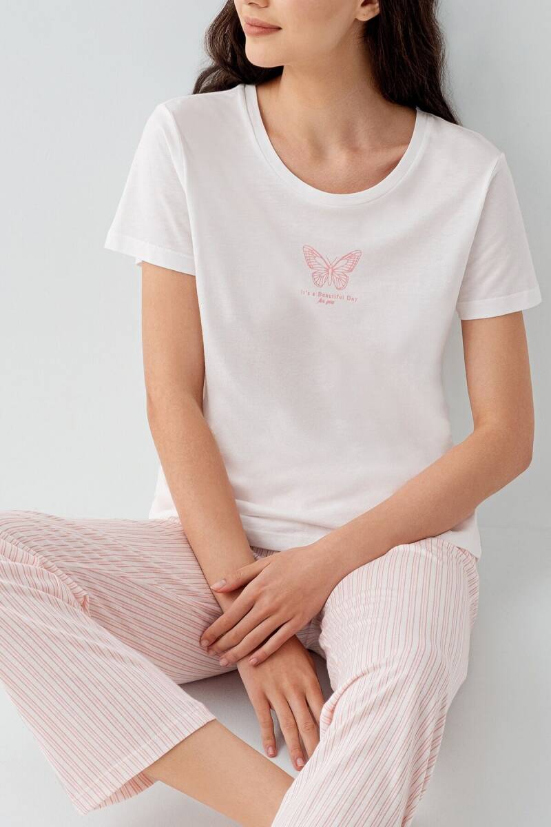 Arnetta Kadın Pamuklu Bisiklet Yaka Baskısız Yazlık Regular Fit Beyaz Pijama Takımı AR3593-S-V2 - 3