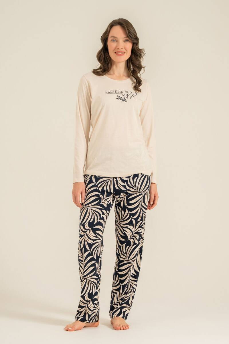 Arnetta Kadın Pamuklu Care Yourself Krem Uzun Kol Pijama Takım AR3738-S-V2 - 7