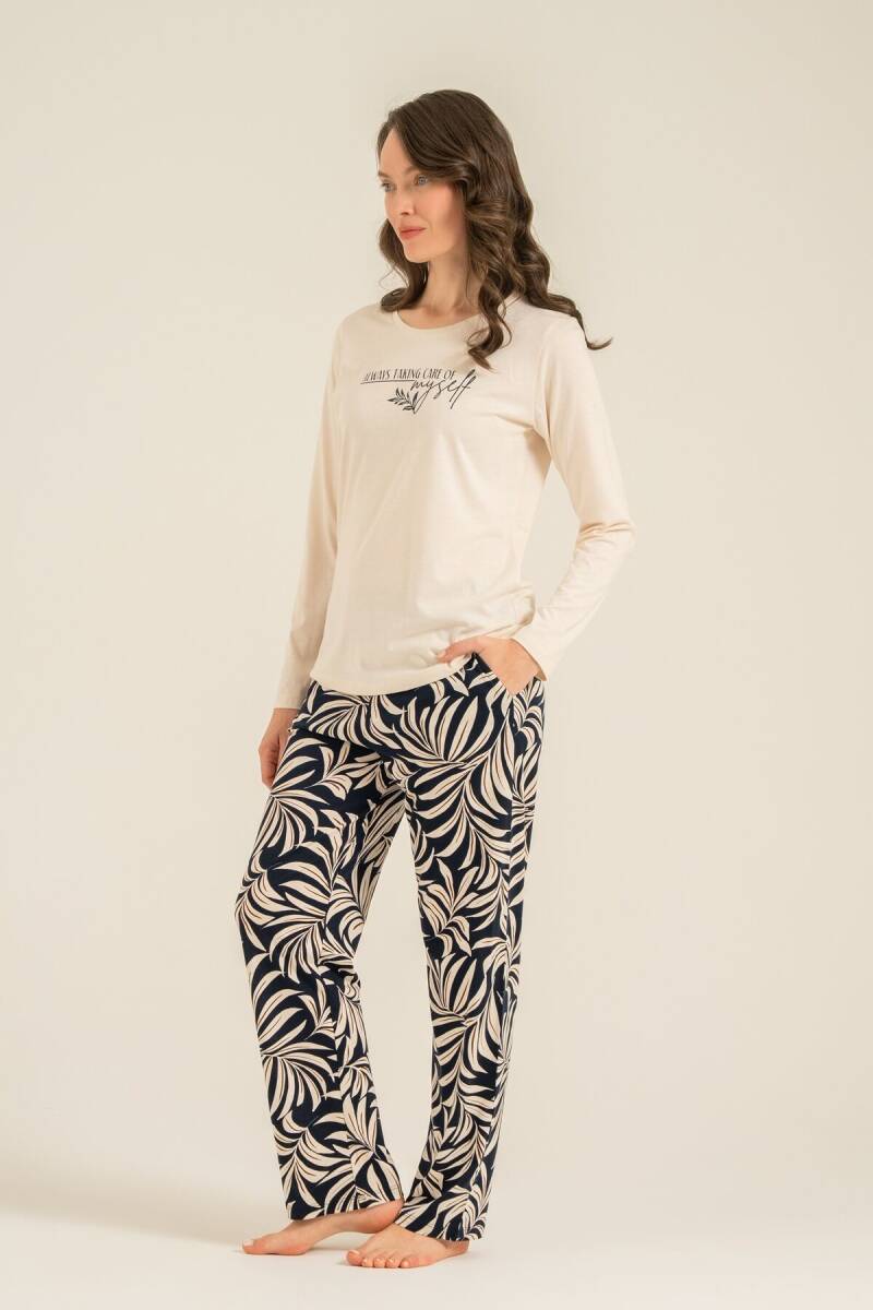 Arnetta Kadın Pamuklu Care Yourself Krem Uzun Kol Pijama Takım AR3738-S-V2 - 8