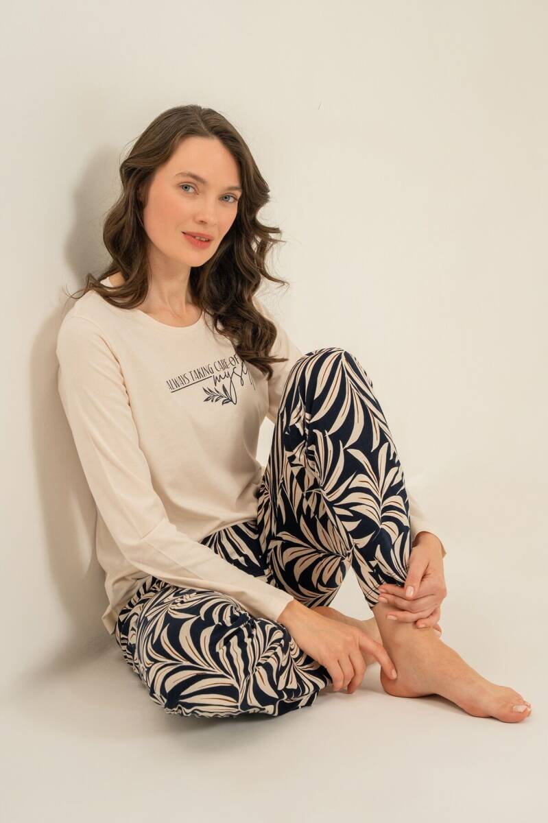 Arnetta Kadın Pamuklu Care Yourself Krem Uzun Kol Pijama Takım AR3738-S-V2 - 1