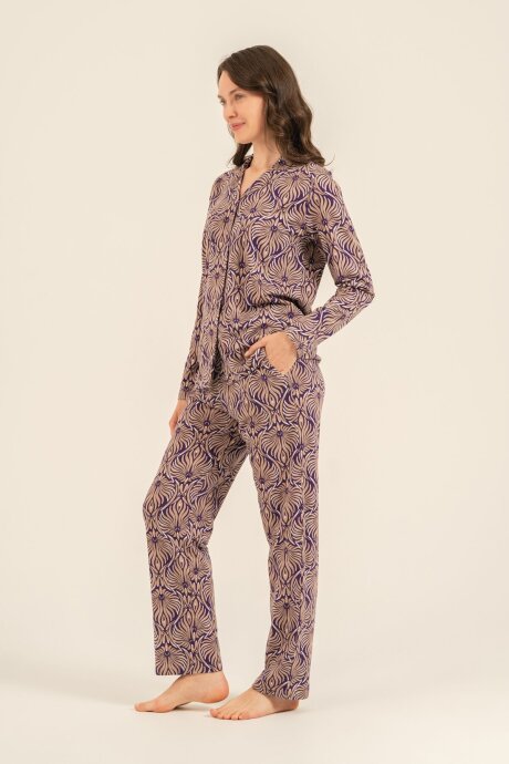 Arnetta Kadın Pamuklu Çiçek Desenli Kahverengi Gömlek Pijama Takımı AR3771-S-V1 - 7