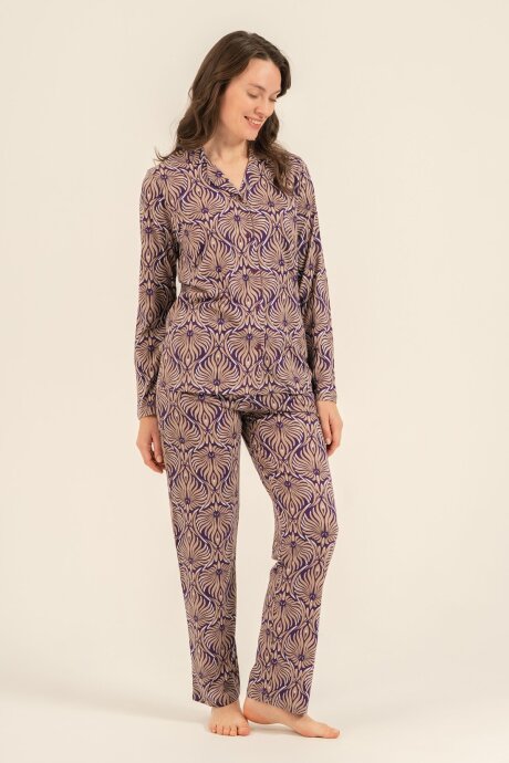Arnetta Kadın Pamuklu Çiçek Desenli Kahverengi Gömlek Pijama Takımı AR3771-S-V1 - 6