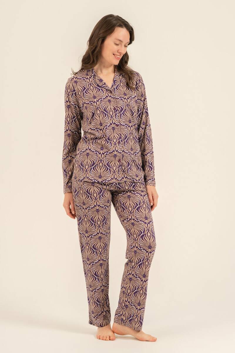 Arnetta Kadın Pamuklu Çiçek Desenli Kahverengi Gömlek Pijama Takımı AR3771-S-V1 - 6